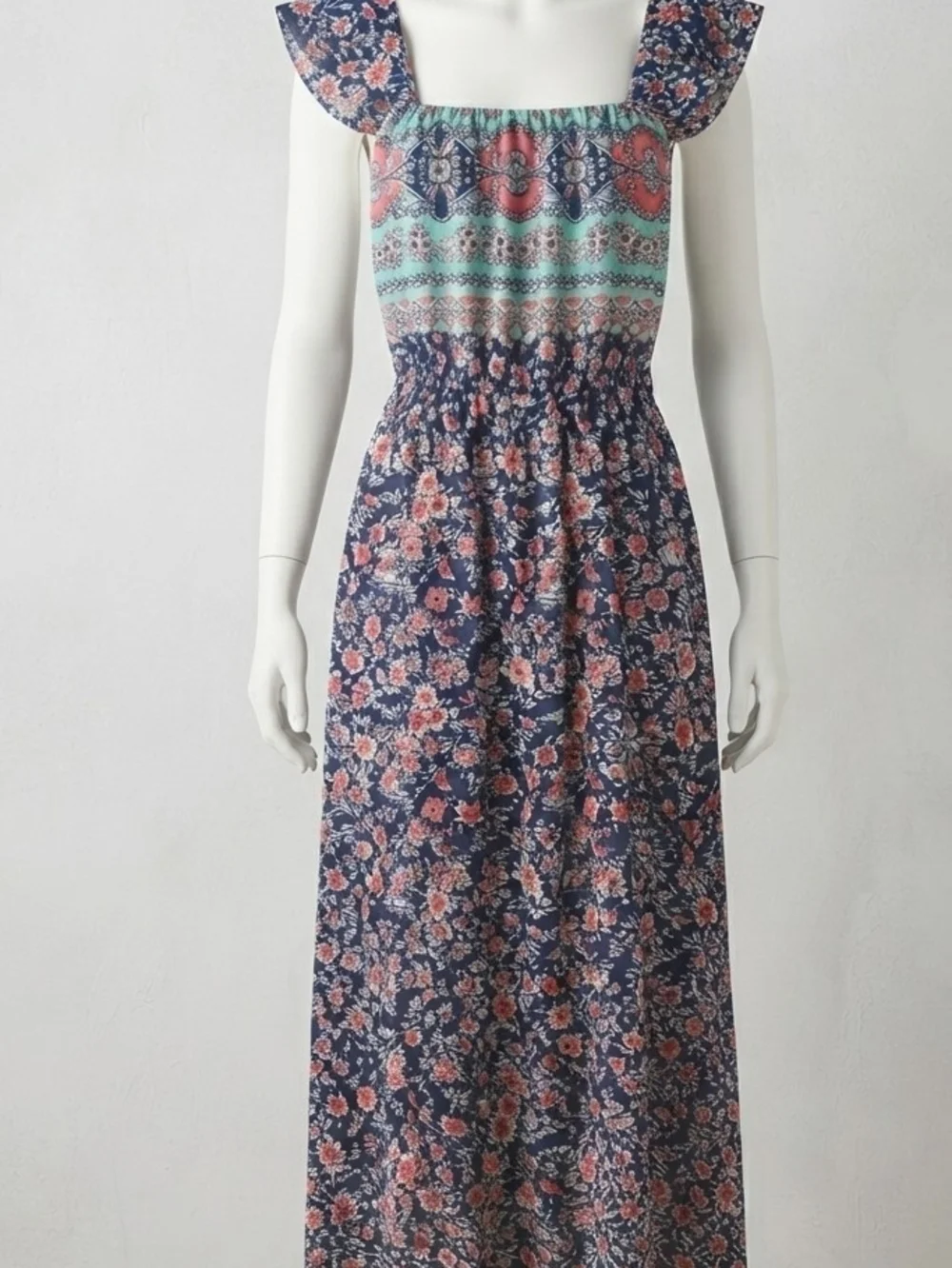 Rickis Navy Floral Maxi Dress with Mint Accent - Picture 1 of 16